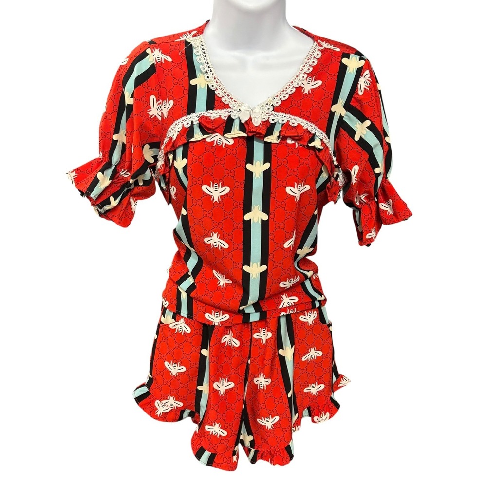 Womens‎ Bee Print Pajama Set Short Sleeve Top & Ruffle Shorts Loungewear**